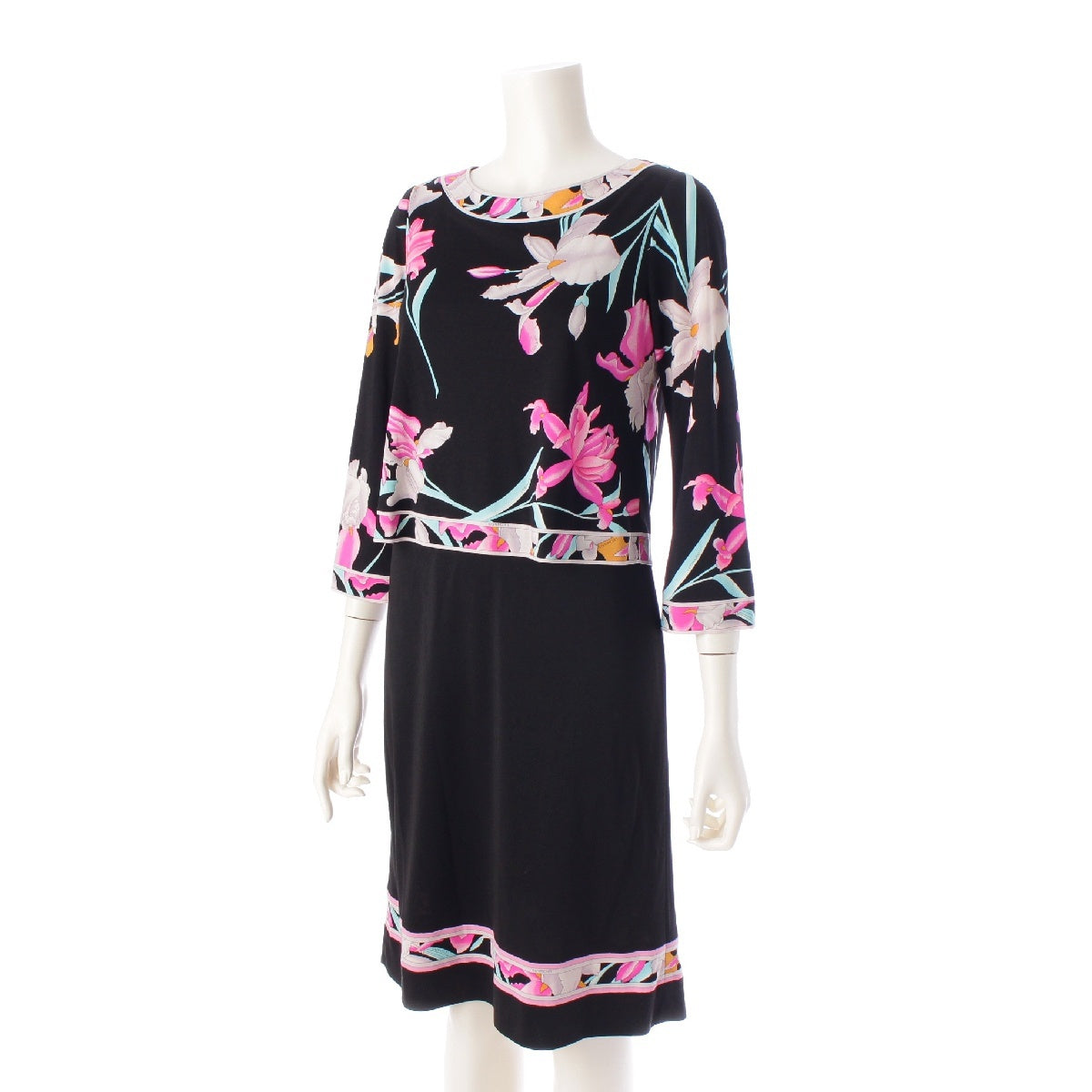 LEONARD Cancan material Flower Pattern 3/4 Sleeve Knee Length Docking one piece dress black 34