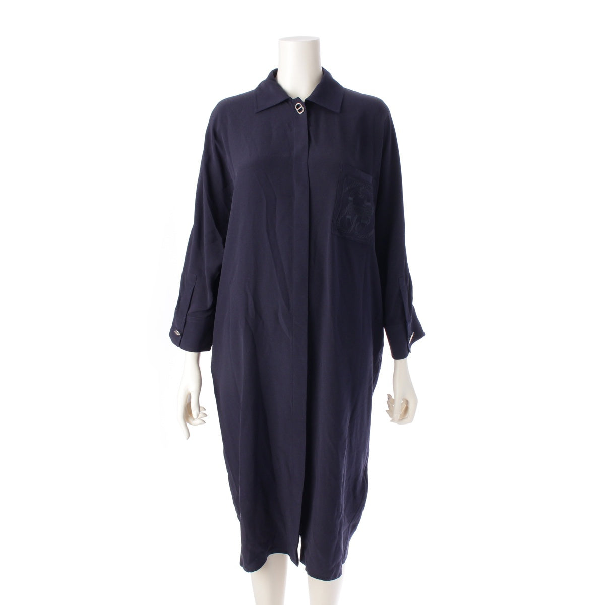 HERMES 23Stainless Steel silk Pocket Embroidered Chaine d'Ancre Shirt one piece dress Navy 34