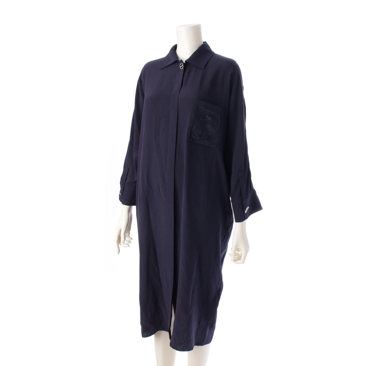 HERMES 23Stainless Steel silk Pocket Embroidered Chaine d'Ancre Shirt one piece dress Navy 34