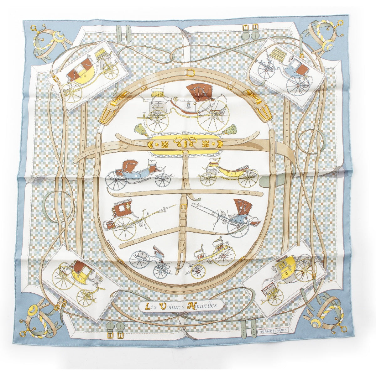 HERMES Carre 70 silk The Evolution of Horse-Drawn Carriages scarf handkerchief H984108S 04 White blue