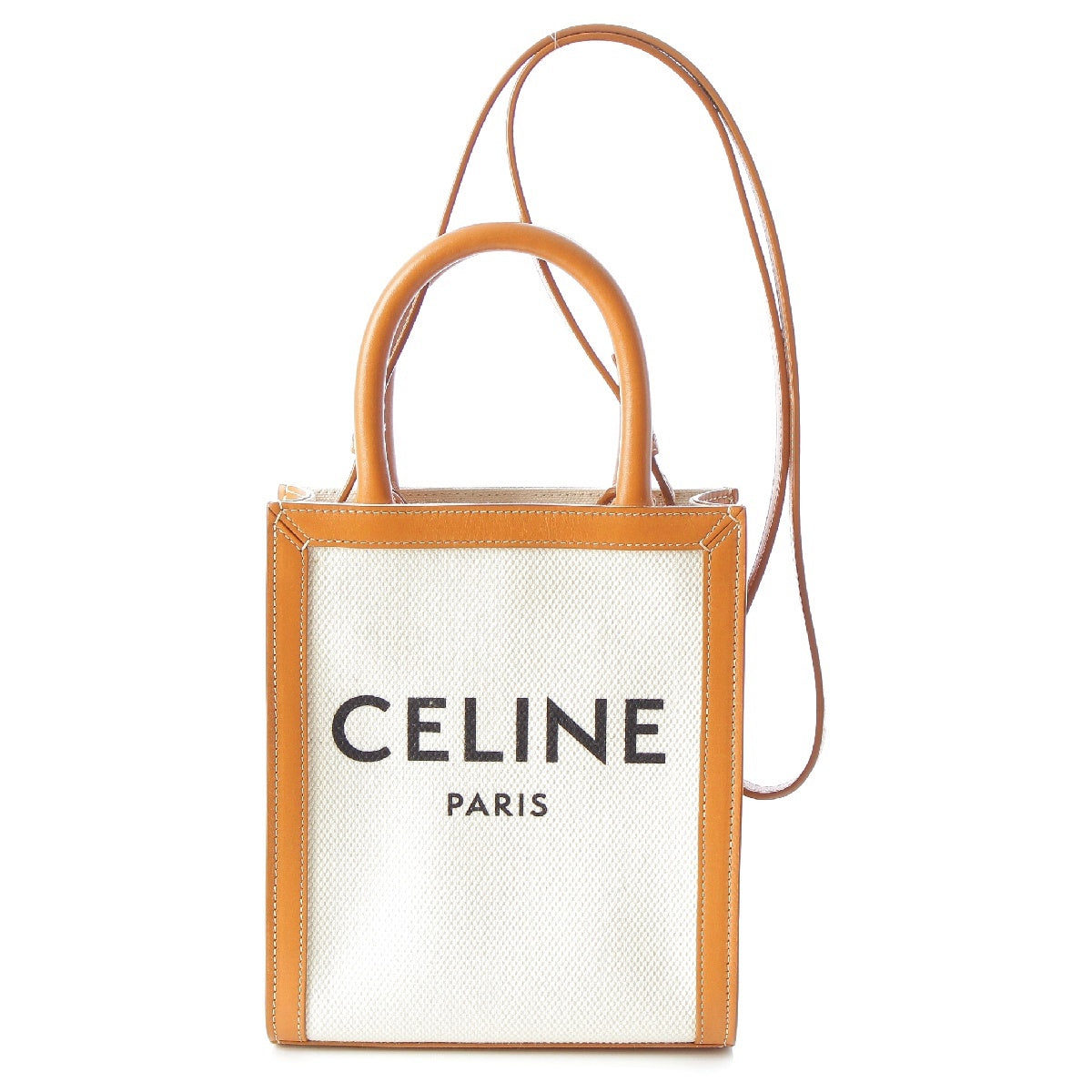 CELINE mini vertical cover Leather canvas Logo 2WAY shoulder Tote Bag Brown Ivory