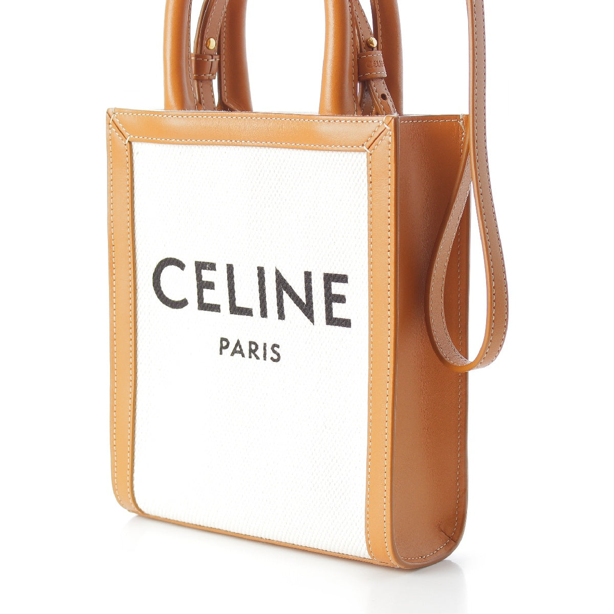 CELINE mini vertical cover Leather canvas Logo 2WAY shoulder Tote Bag Brown Ivory