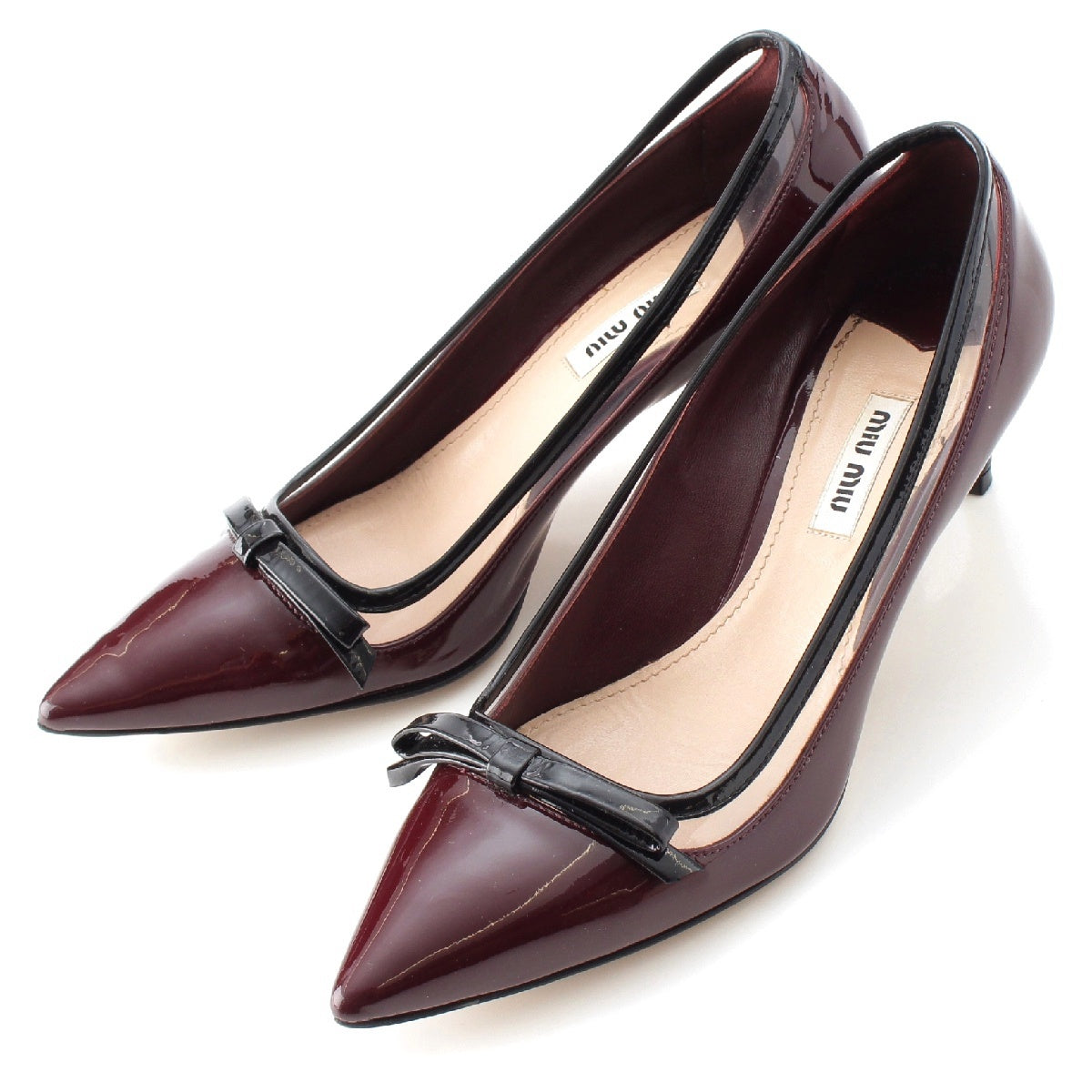 MIUMIU Patent leather ribbon heel pumps Wine Red Black 37