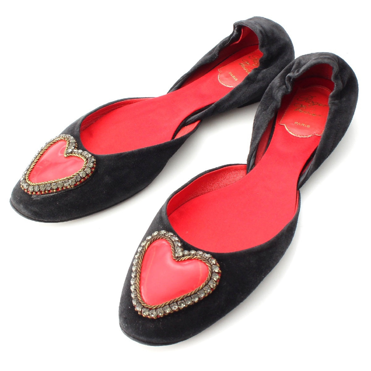 Roger Vivier Velor Heart motif bejeweled flats pumps Shoes Slip-ons Black red 37 2/1