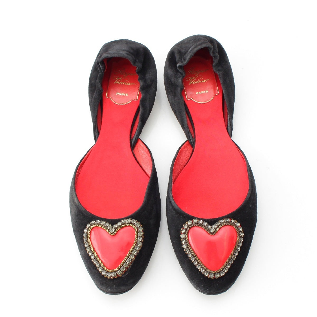 Roger Vivier Velor Heart motif bejeweled flats pumps Shoes Slip-ons Black red 37 2/1