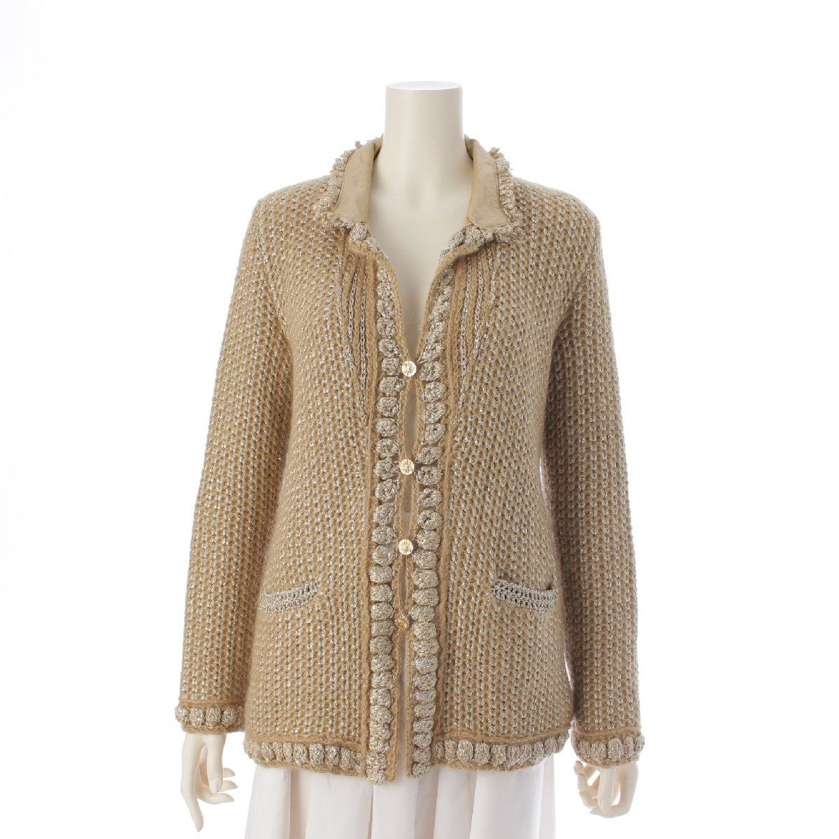 CHANEL 04P wool mohair COCO Mark knit cardigan tops P23997 beige 38