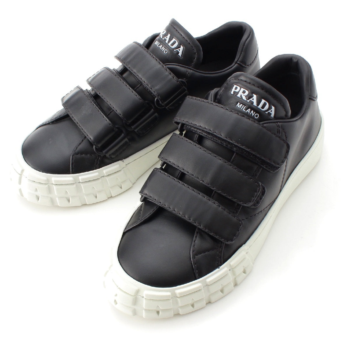 PRADA leather Logo Strap Velcro sneakers Black White 35