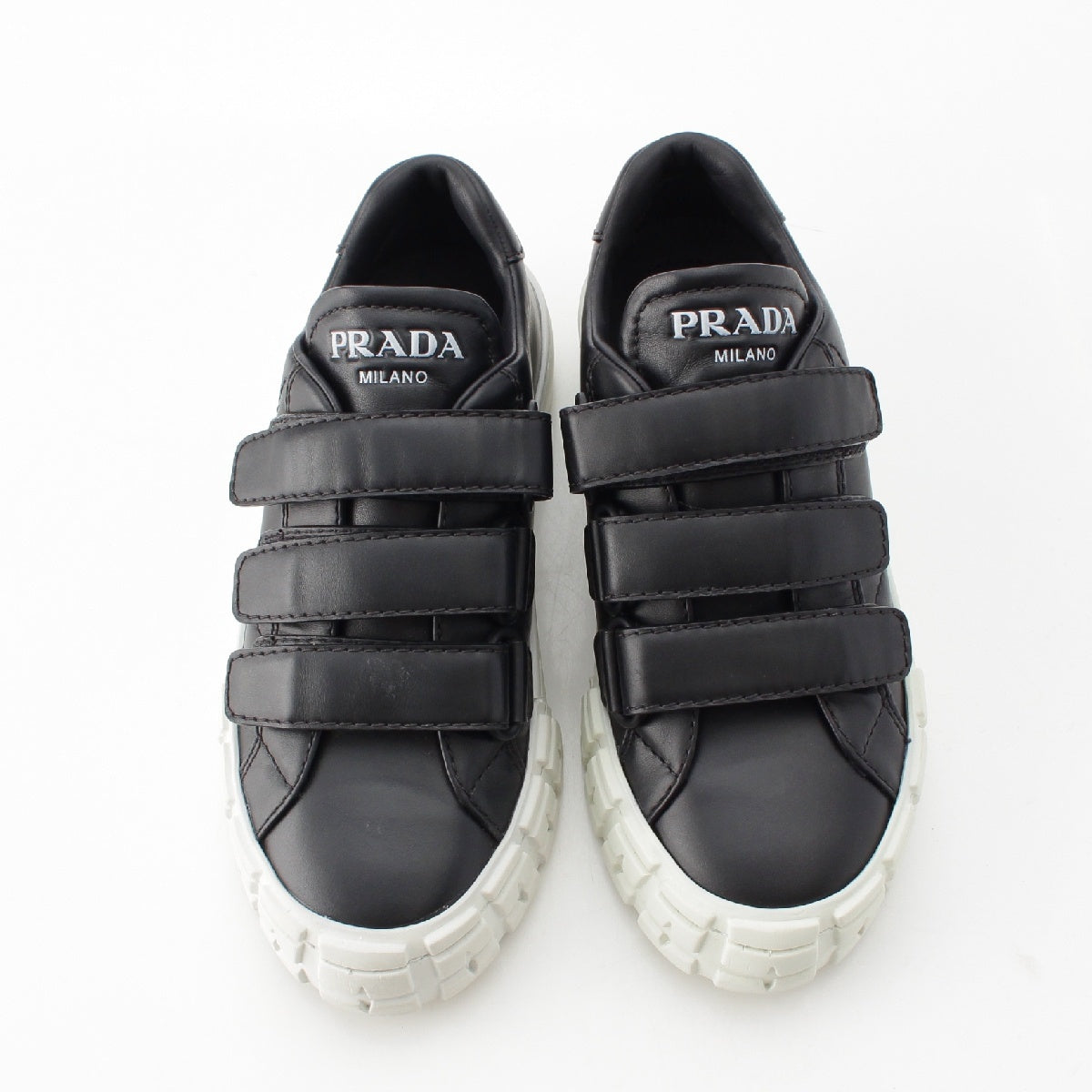 PRADA leather Logo Strap Velcro sneakers Black White 35