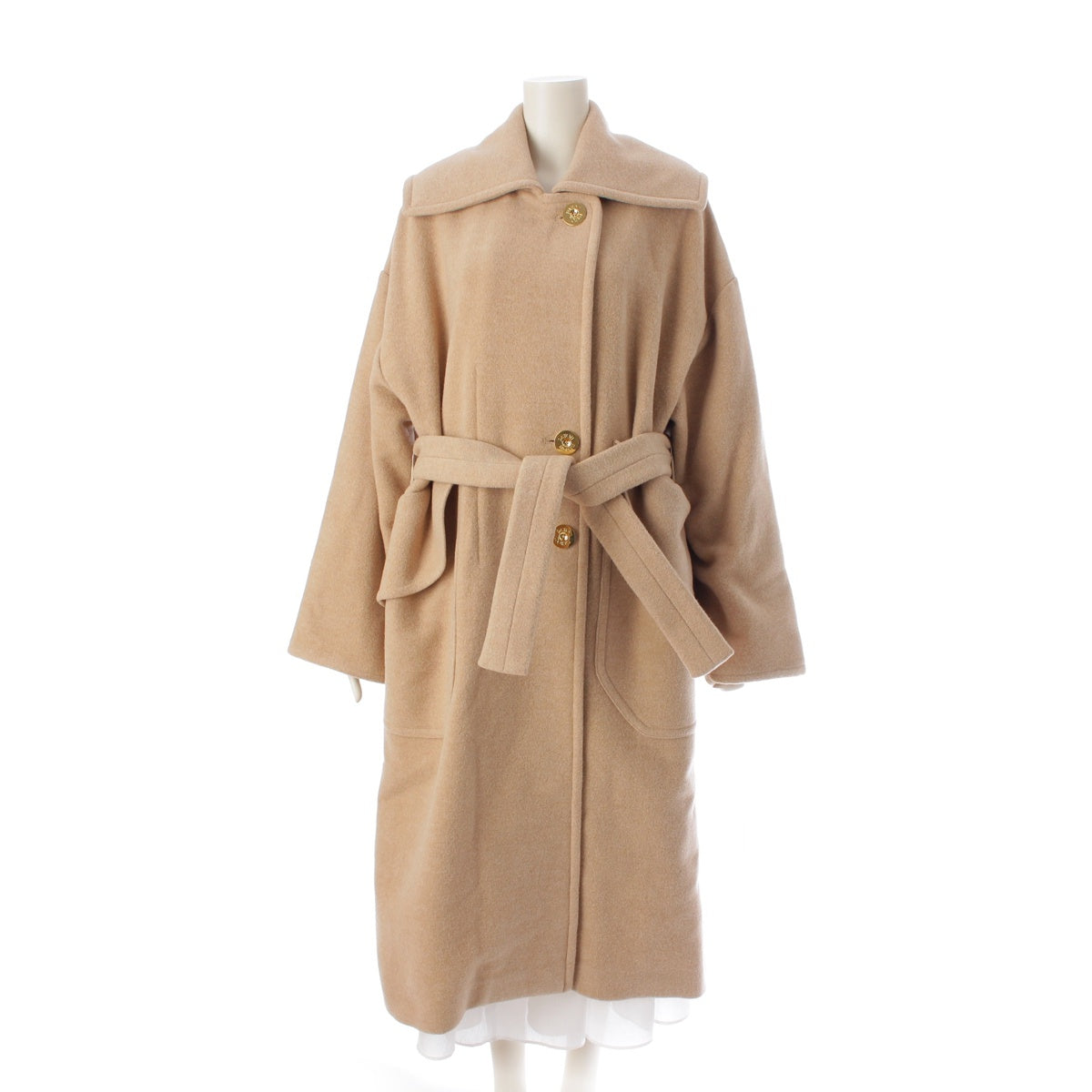 Patou wool Logo embroidered double-faced gold metal belt coat 22A-C0013-0121 beige 36