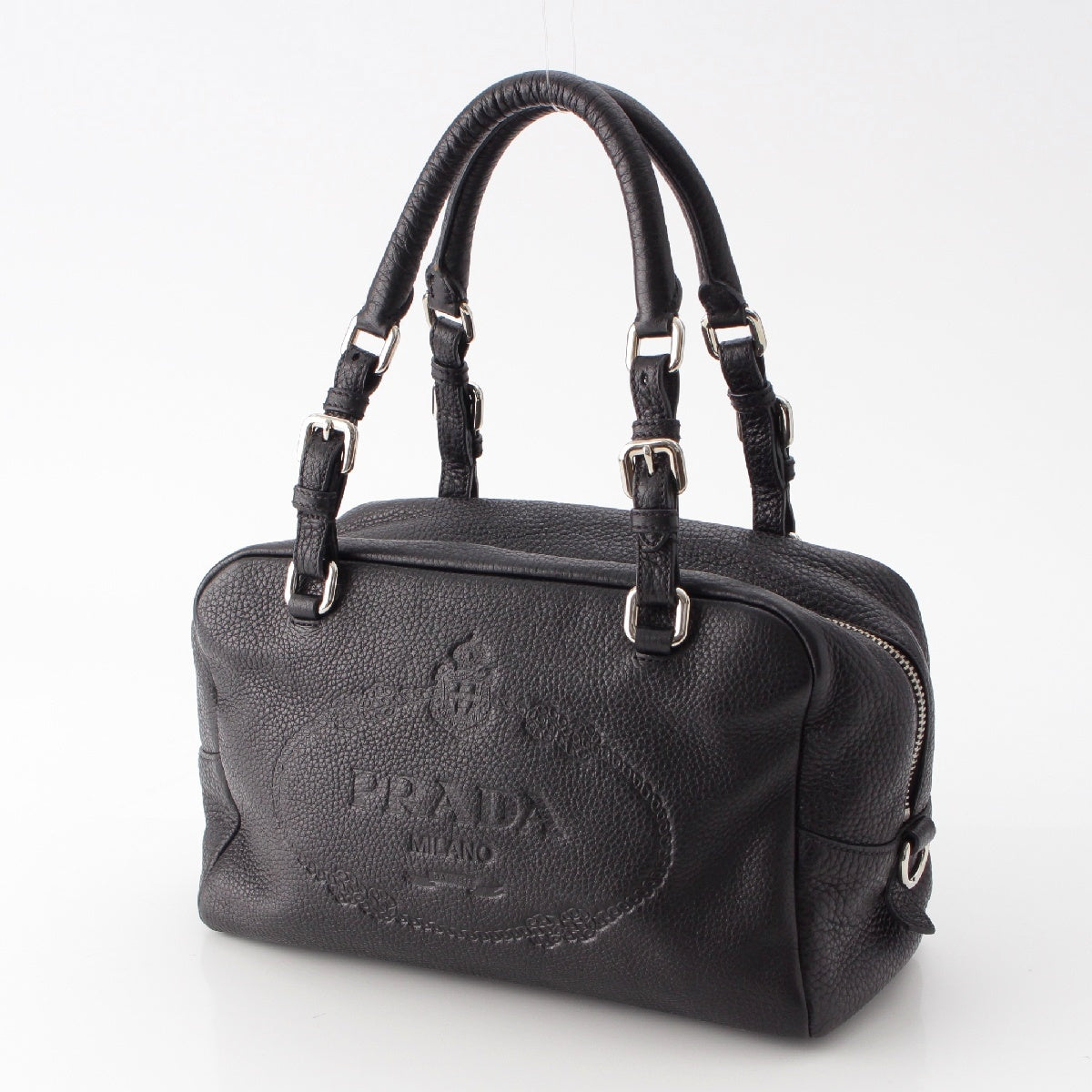 PRADA leather Embossed logo mini Boston bag Handbag bag BR3091 black