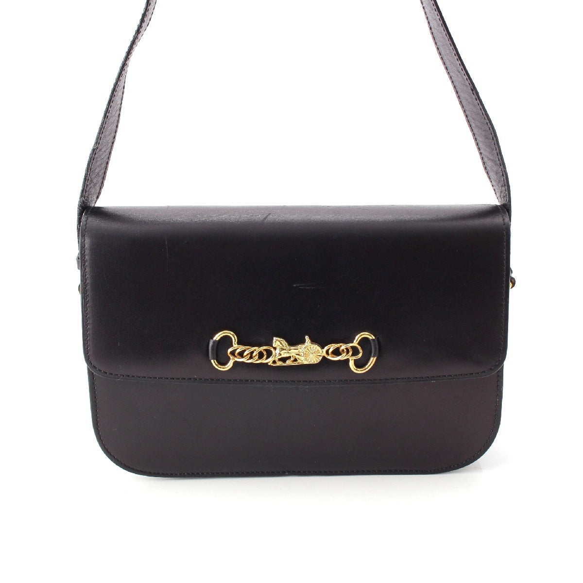 CELINE leather Vintage Carriage Metal Gold Metal Shoulder Bag bag black