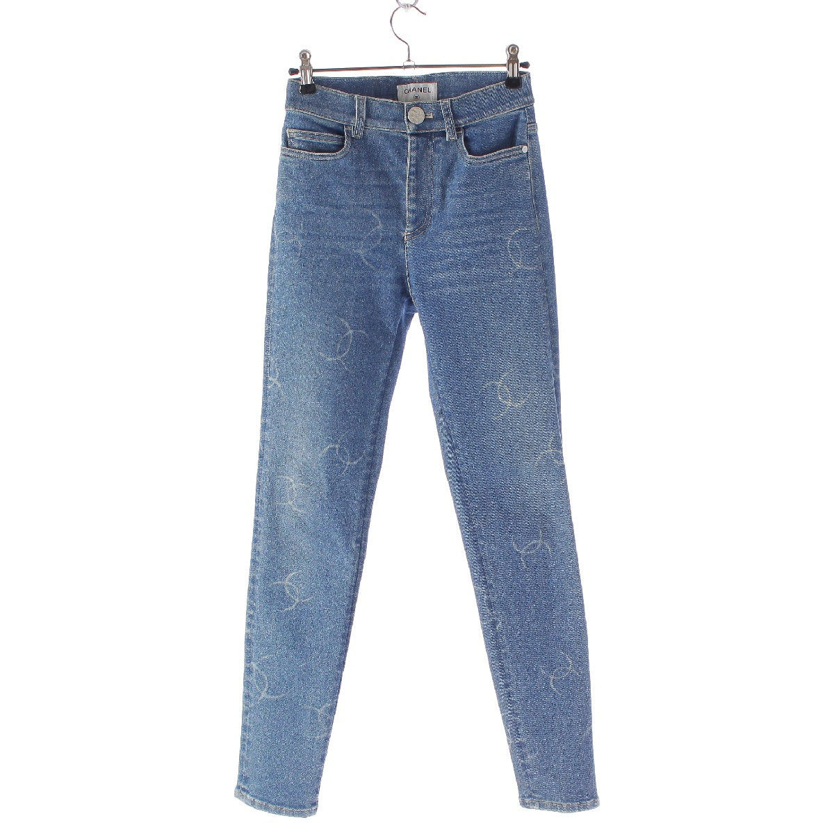 CHANEL cotton COCO Mark Stretch Slim Tapered Denim pants Used Washed Skinny Jeans Bottoms P64935 Indigo 34