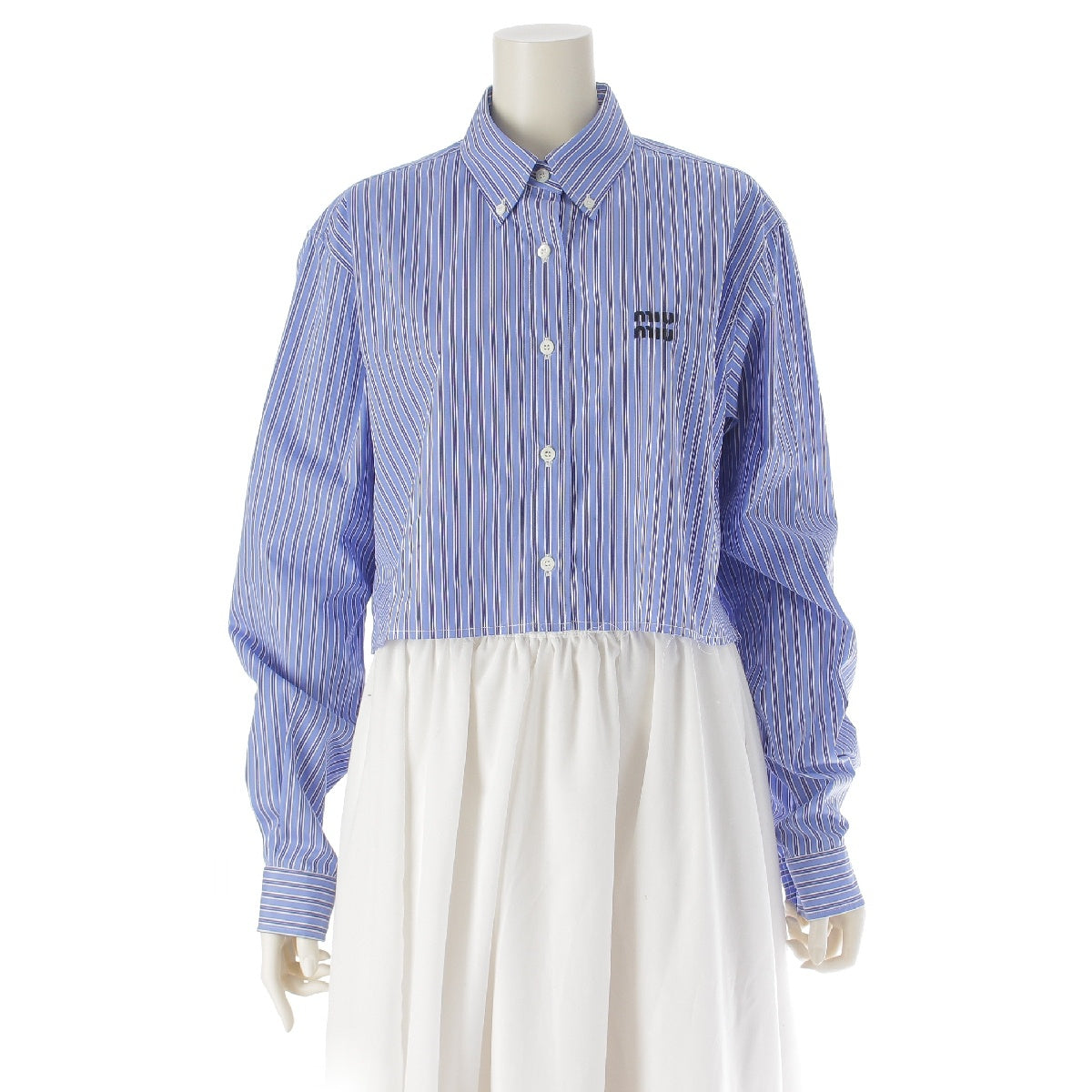 MIUMIU 22 years cotton poplin Elbow Patch Stripe Logo Embroidery Cut Off Cropped blouse Shirt tops MK1708 Blue white 38