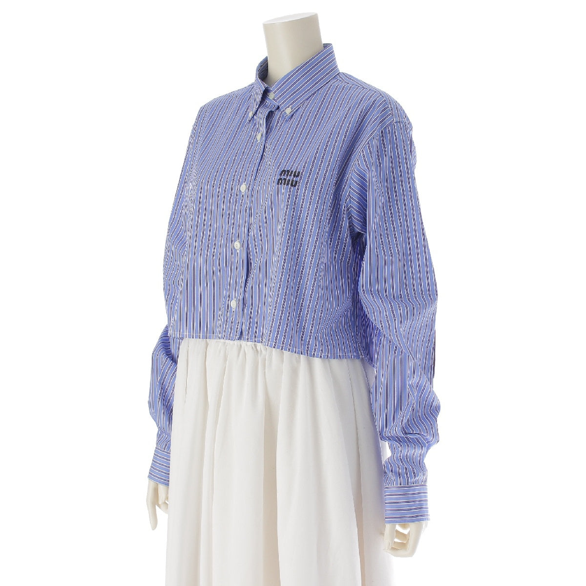 MIUMIU 22 years cotton poplin Elbow Patch Stripe Logo Embroidery Cut Off Cropped blouse Shirt tops MK1708 Blue white 38