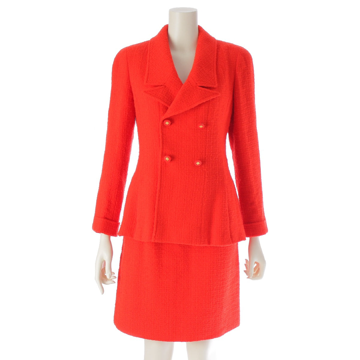 CHANEL Cotton Tweed COCO Mark Button Double Breasted Jacket Skirt setup P08103 Red 40