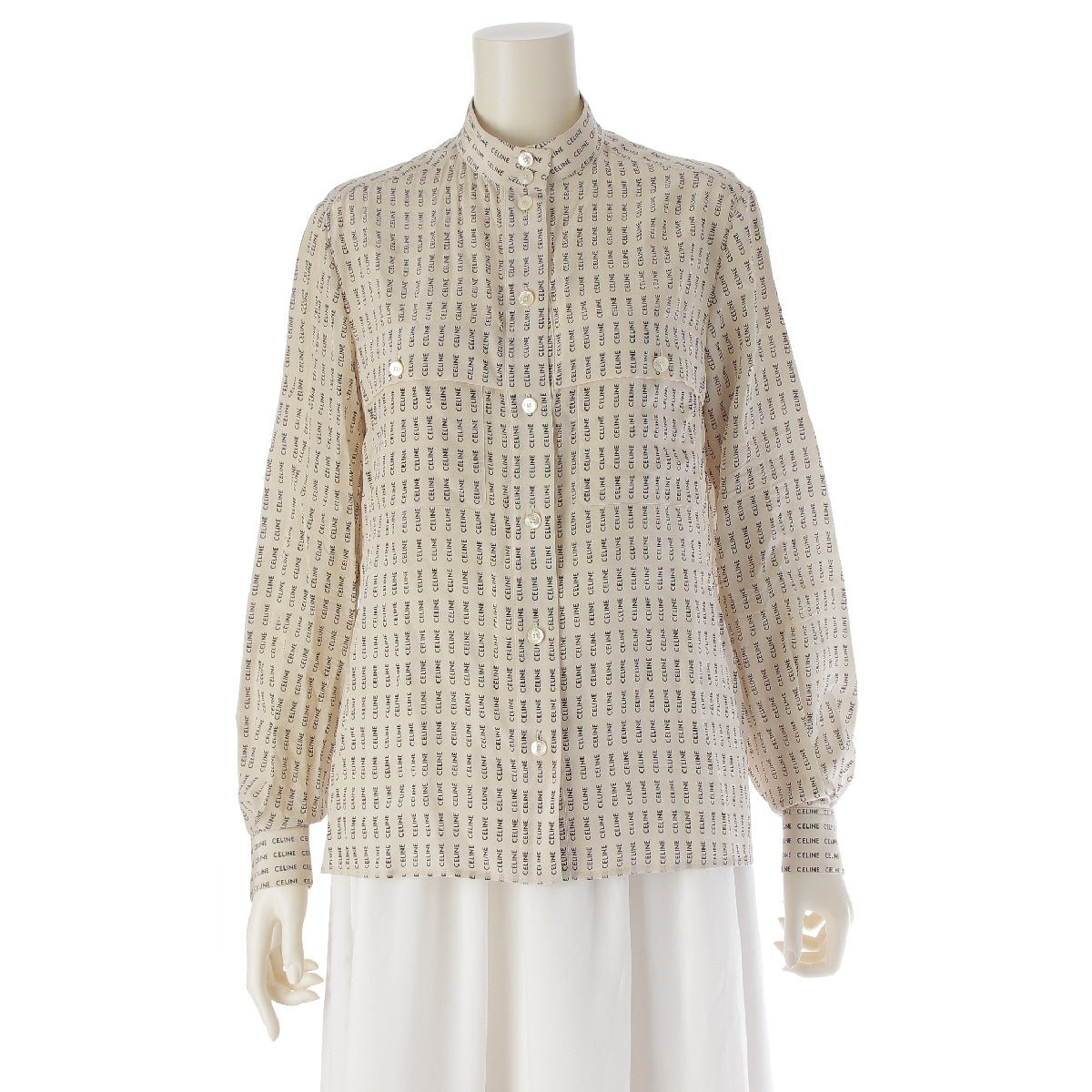 CELINE silk Logo All-over Print Tops Band Collar blouse 2B554843O off white 36