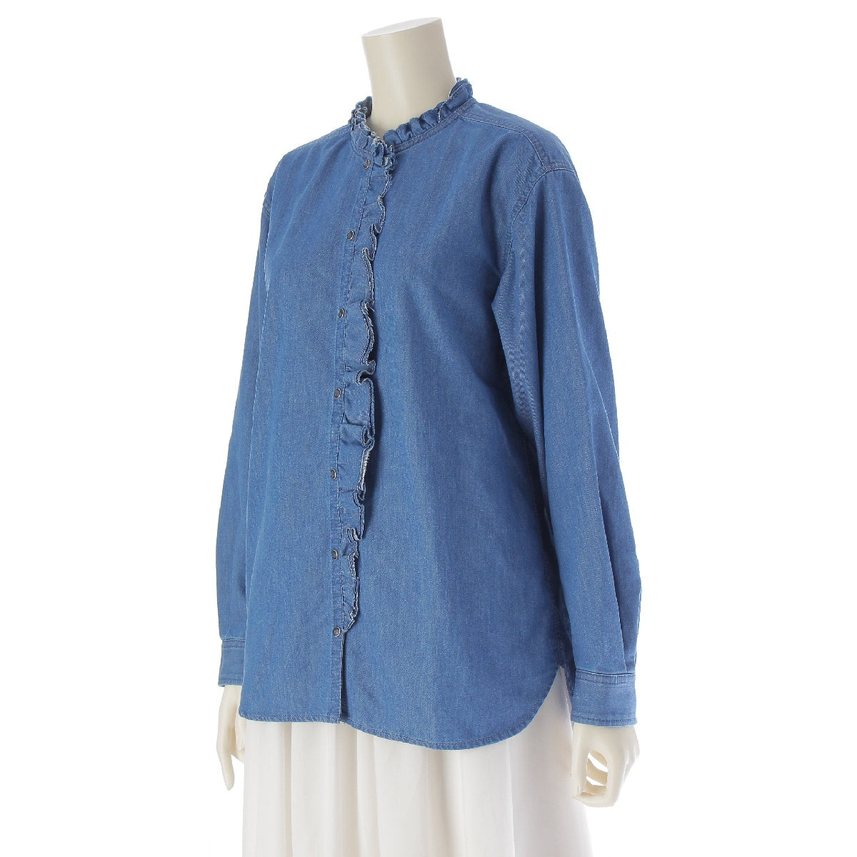 Drawer 24Stainless Steel cotton Ruffle denim collarless blouse Long sleeve shirt Long sleeve 6511-299-0544 blue 36