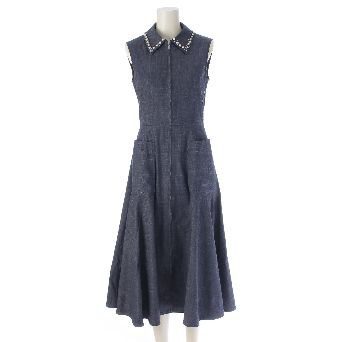 FOXEY NEW YORK 22 years Mylene cotton Fake collar, sleeveless, 2way, flare one piece dress 42641 Indigo blue 38