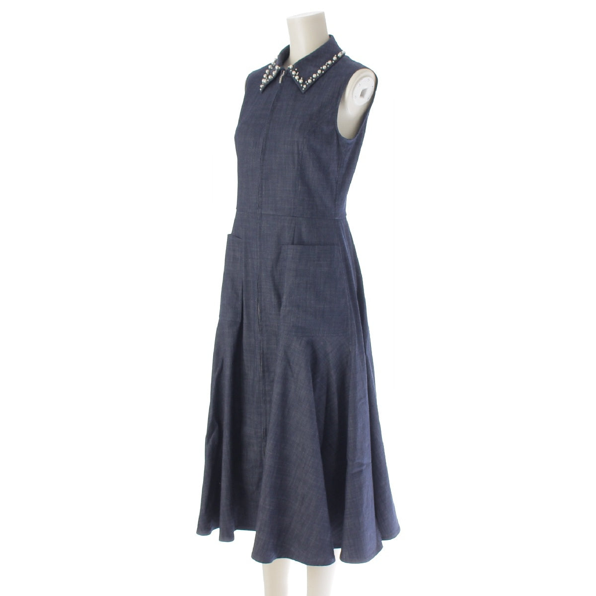 FOXEY NEW YORK 22 years Mylene cotton Fake collar, sleeveless, 2way, flare one piece dress 42641 Indigo blue 38