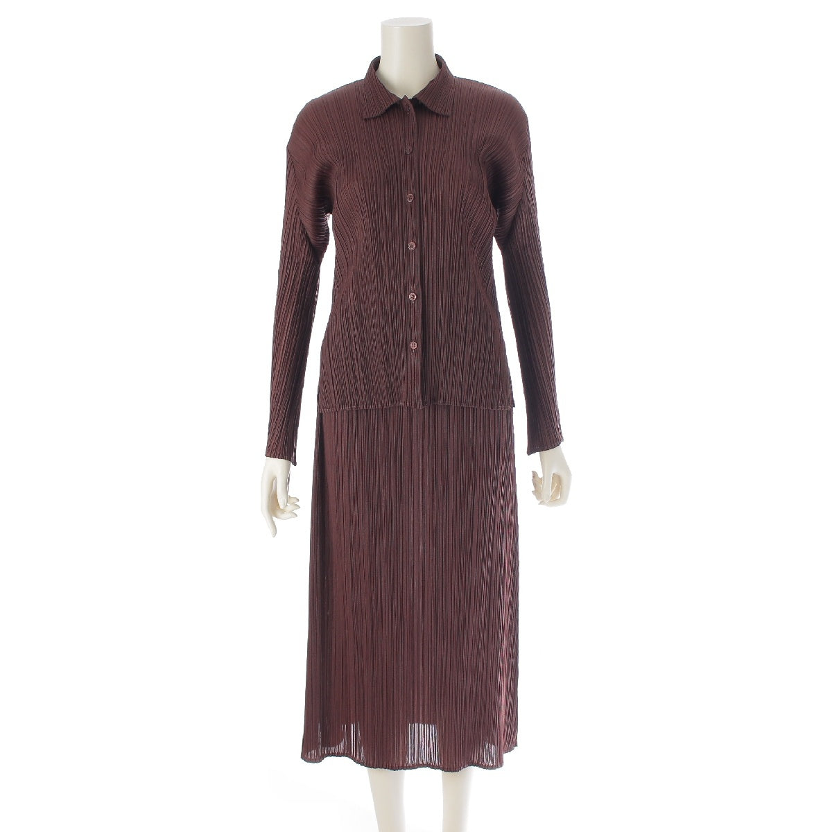 PLEATS PLEASE ISSEY  Long Sleeve Shirt Midi Length Skirt setup PP33-JJ183 PP33-JG186 Brown 3,4