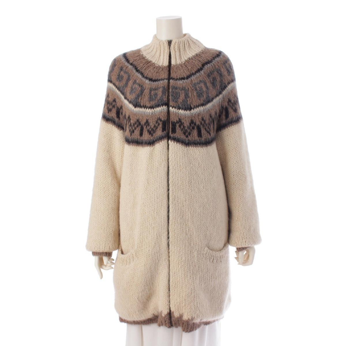 HERMES Gaultier period alpaca Nordic Pattern outer Zip-up cardigan jacket beige SM