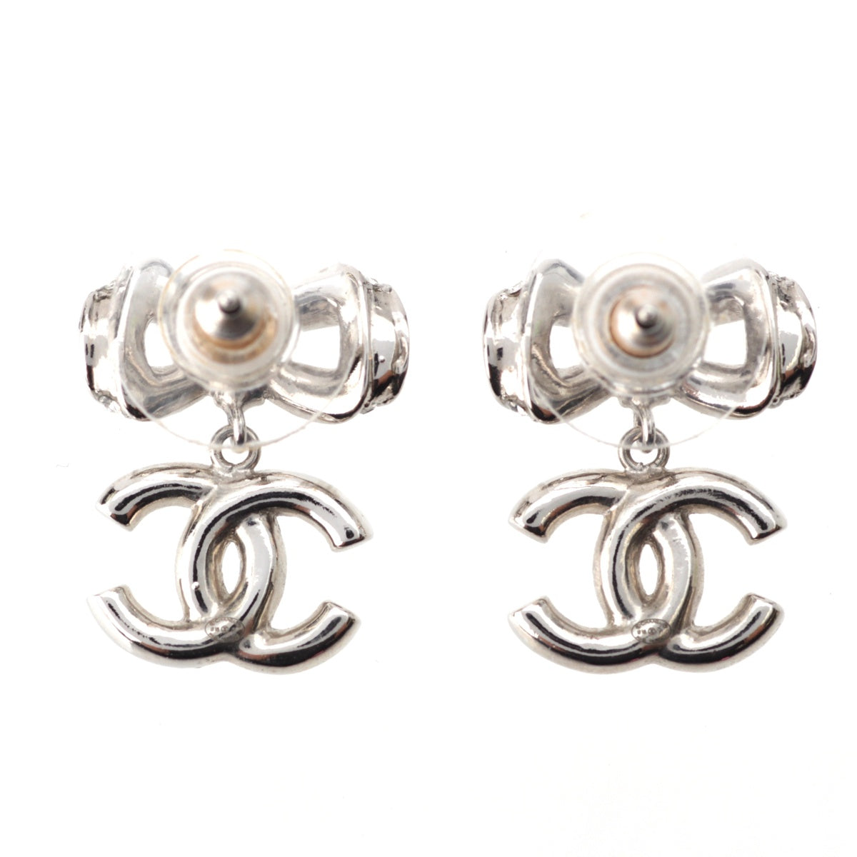 CHANEL B18P COCO Mark Ribbon Rhinestone Pierce Earring accessories Silver