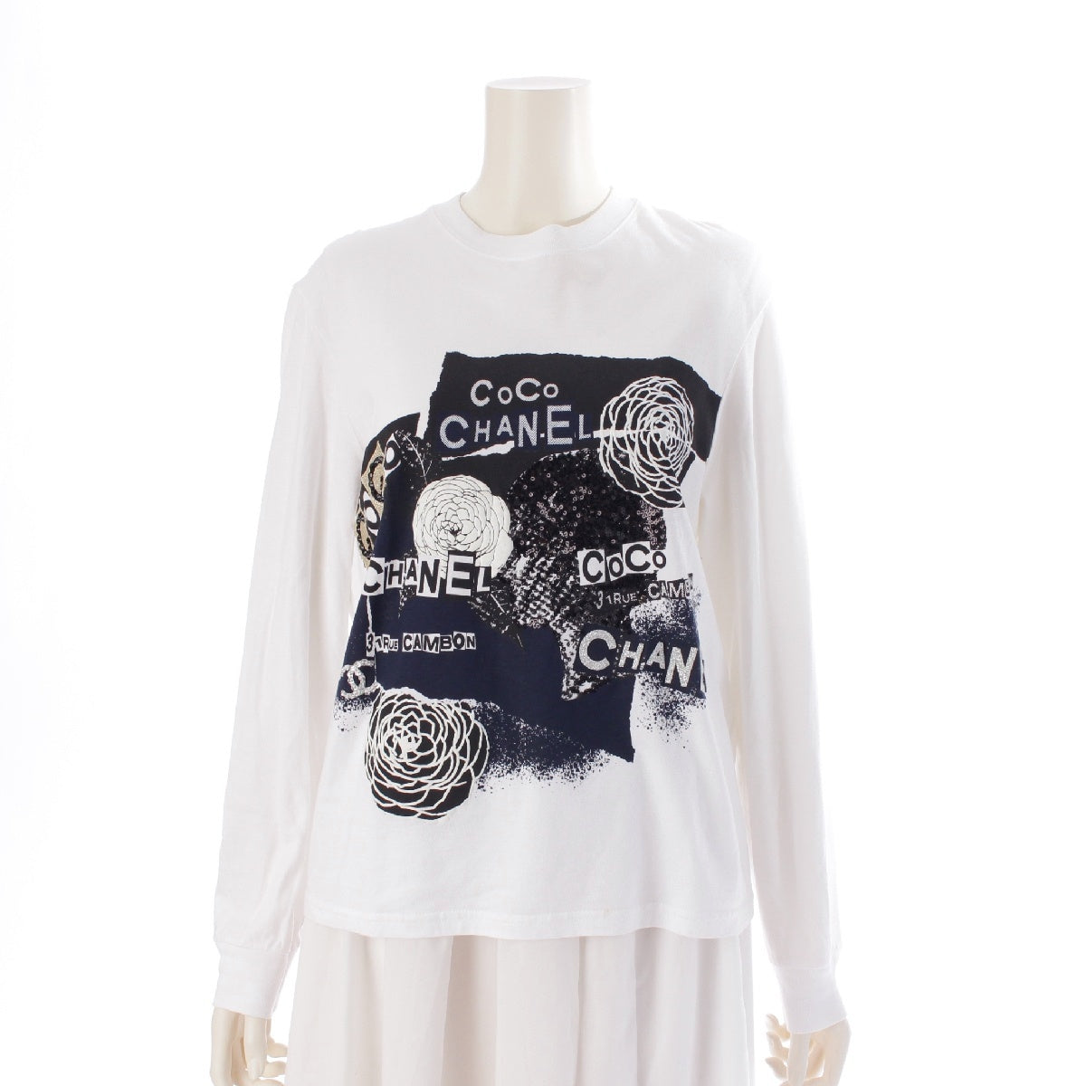 CHANEL 20Stainless Steel cotton COCO Mark Camellia Logo Graffiti Print Long-sleeved T-shirt Tops cut P63300 white S