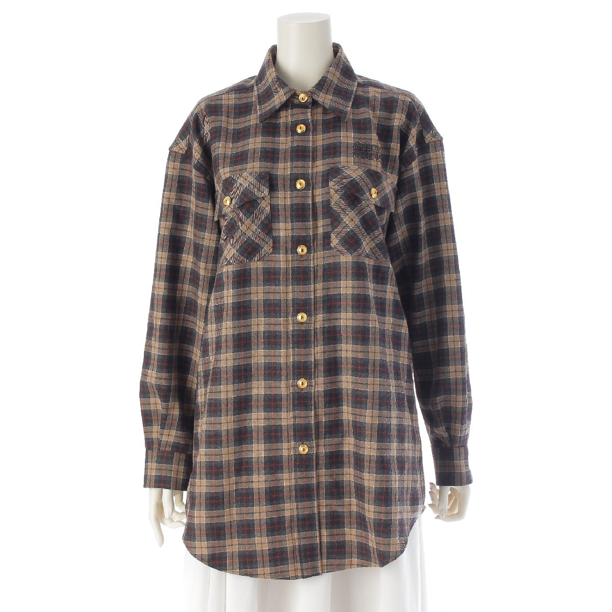 MIUMIU 24 years wool Tartan check logo gold button Long sleeve shirt tops MK1906 Brown Dark Gray Red 38