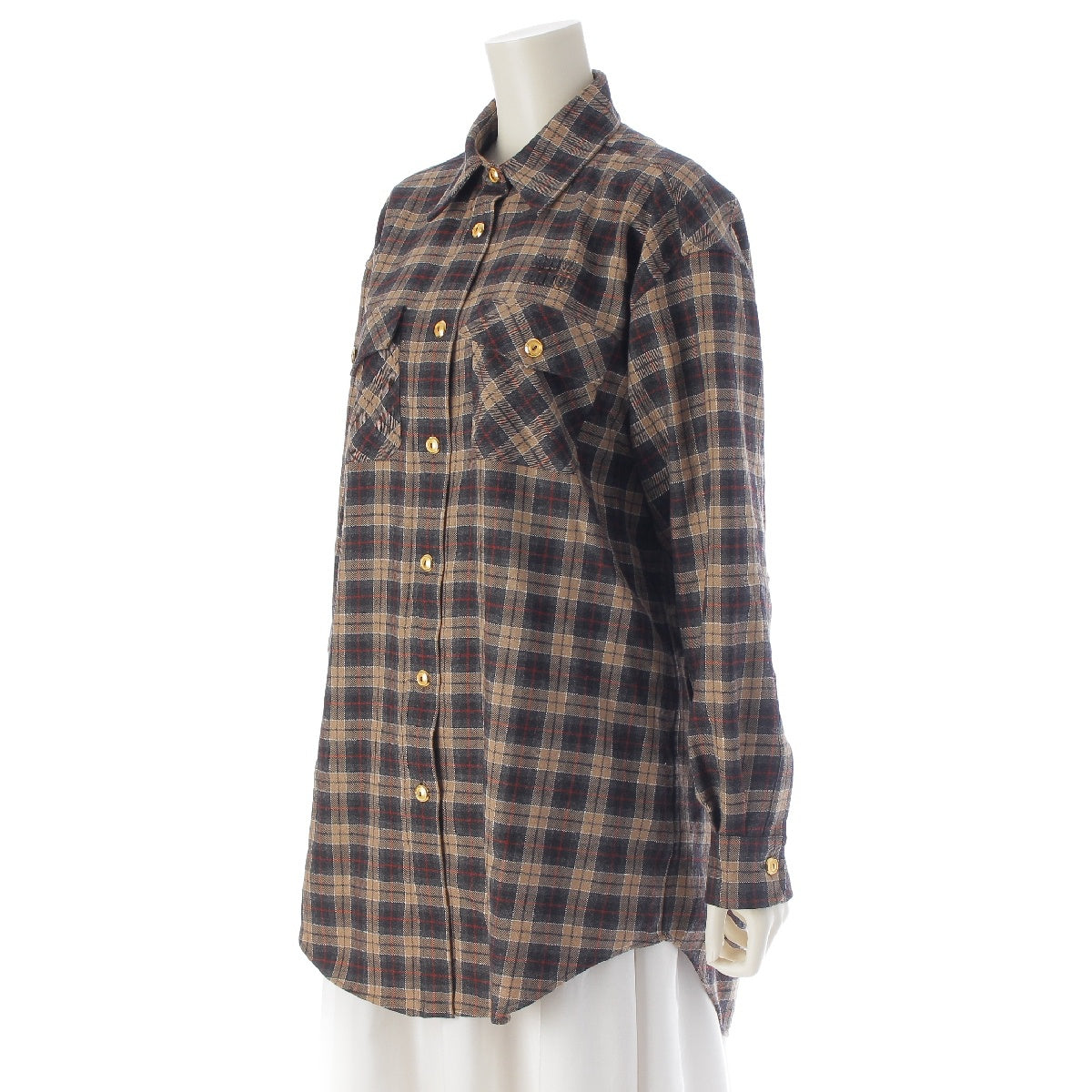 MIUMIU 24 years wool Tartan check logo gold button Long sleeve shirt tops MK1906 Brown Dark Gray Red 38