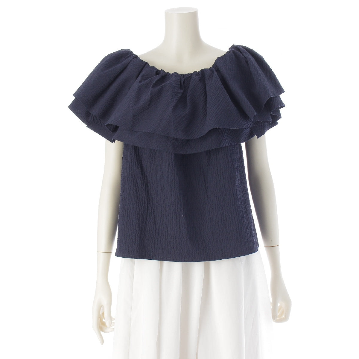 Etre Tokyo cotton 2way off-shoulder flare neck crepe blouse Cut Top 1224410068 Navy