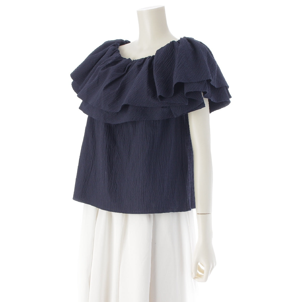 Etre Tokyo cotton 2way off-shoulder flare neck crepe blouse Cut Top 1224410068 Navy