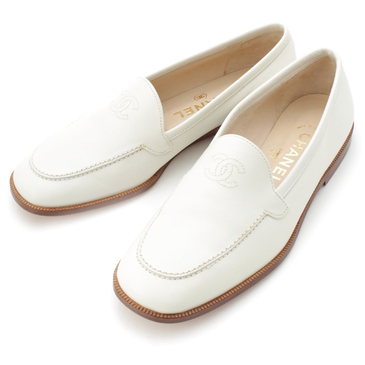 CHANEL leather COCO Mark Embroidered Slip-ons loafers shoes white 35 1/2