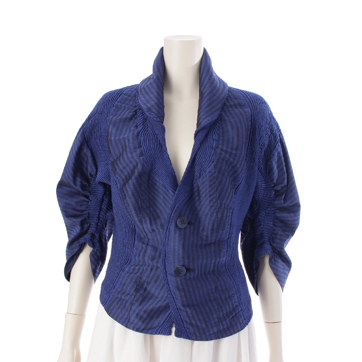 ISSEY MIYAKE Wool blend 3D steam stretch striped tailored jacket tops IM73FD001 blue-black 2