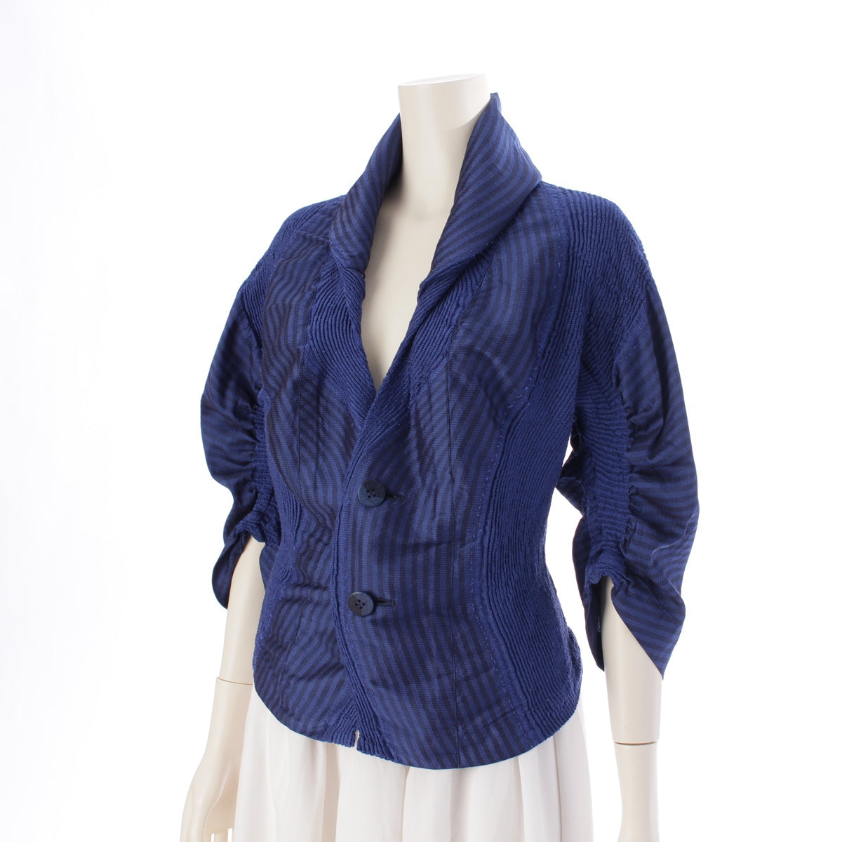 ISSEY MIYAKE Wool blend 3D steam stretch striped tailored jacket tops IM73FD001 blue-black 2