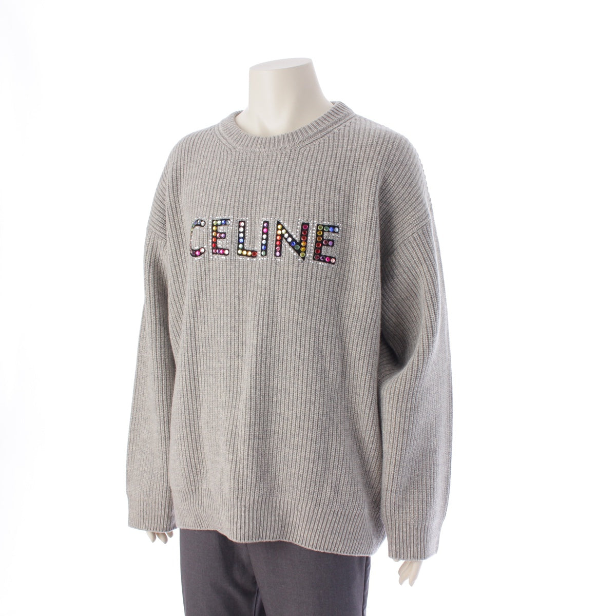 CELINE wool Logo Color Stone Crew Neck Long Sleeve Knit sweater tops 2AG77445U gray M