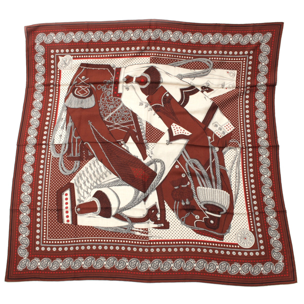 HERMES Caléjean 140 Cashmere Silk Cashmere Zouaves and Dragons Large scarf Stall shawl Brown