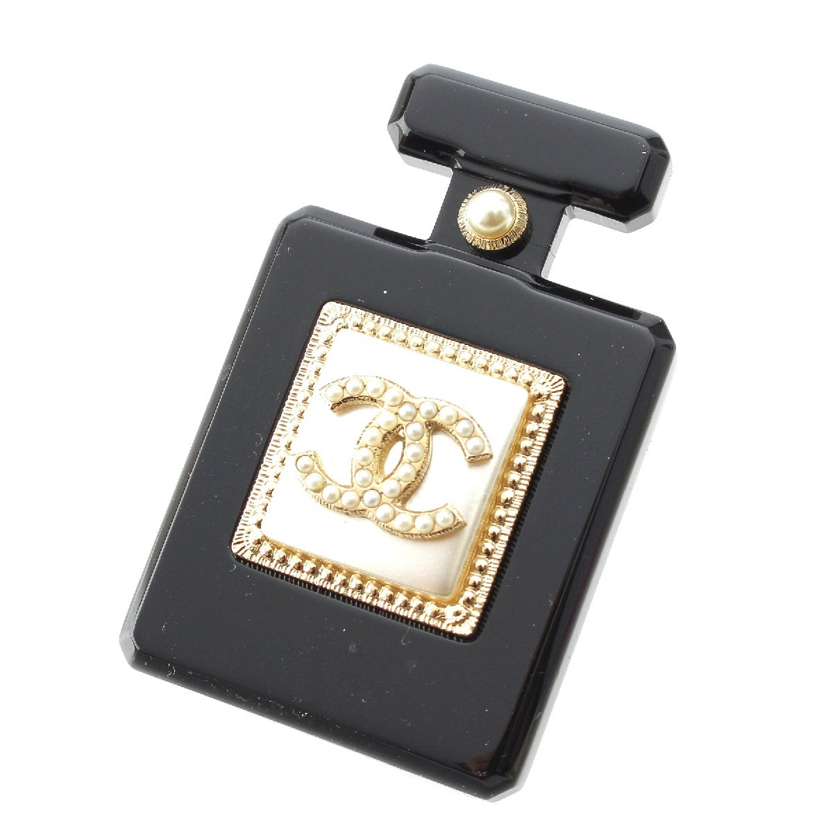 CHANEL 18B plastic Perfume Case Bottle Brooch Pearl COCO Mark Brooch Black White