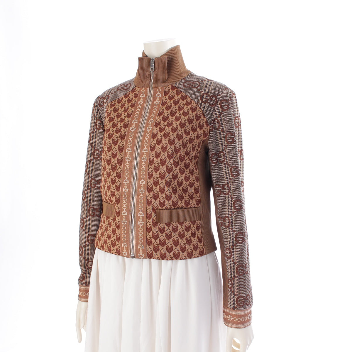 GUCCI cotton GG jacquard zip-up jacket Jersey Blouson Tops 767025 Brown XS