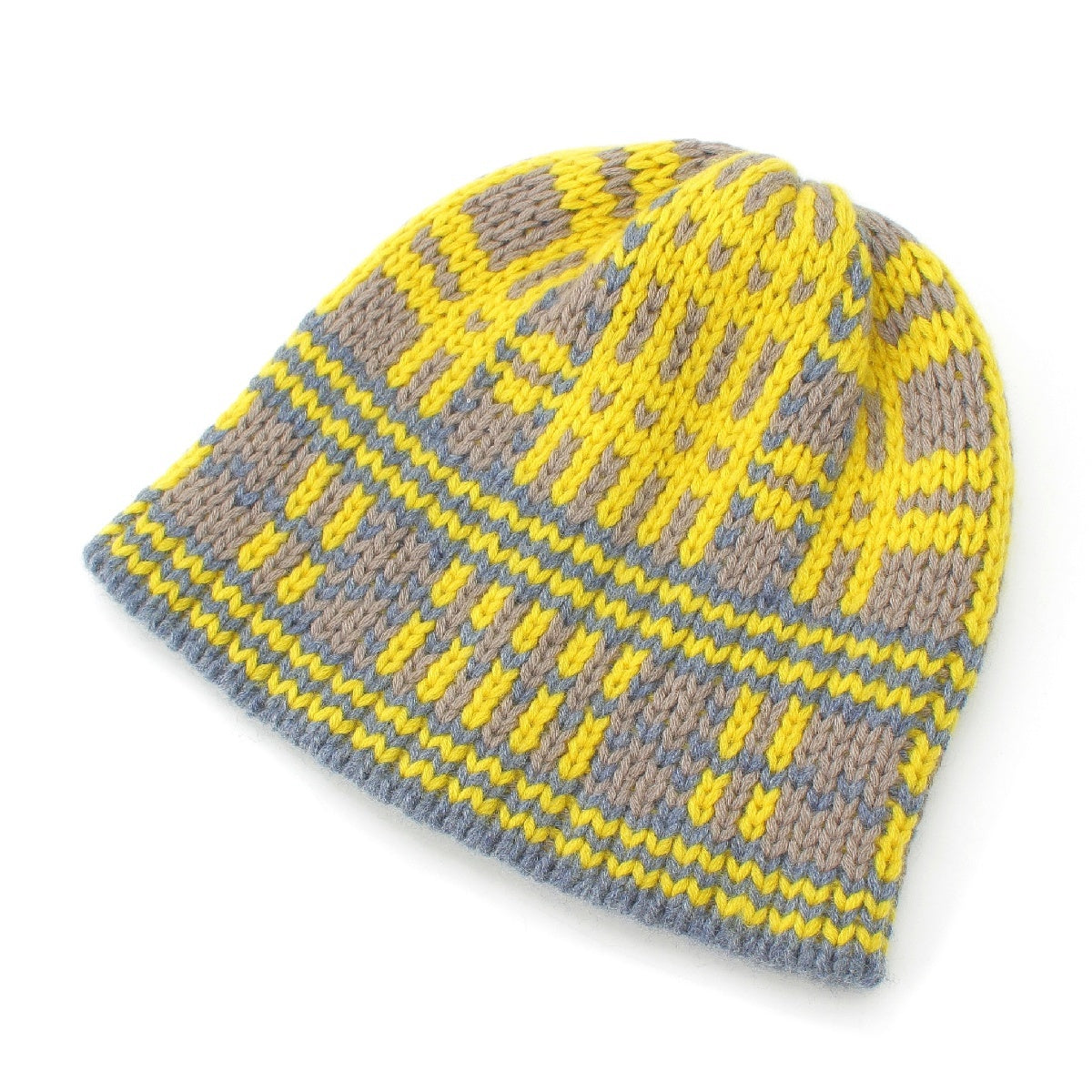 HERMES cashmere H total pattern Knit cap Beanie hat Yellow Grey Multicolor S