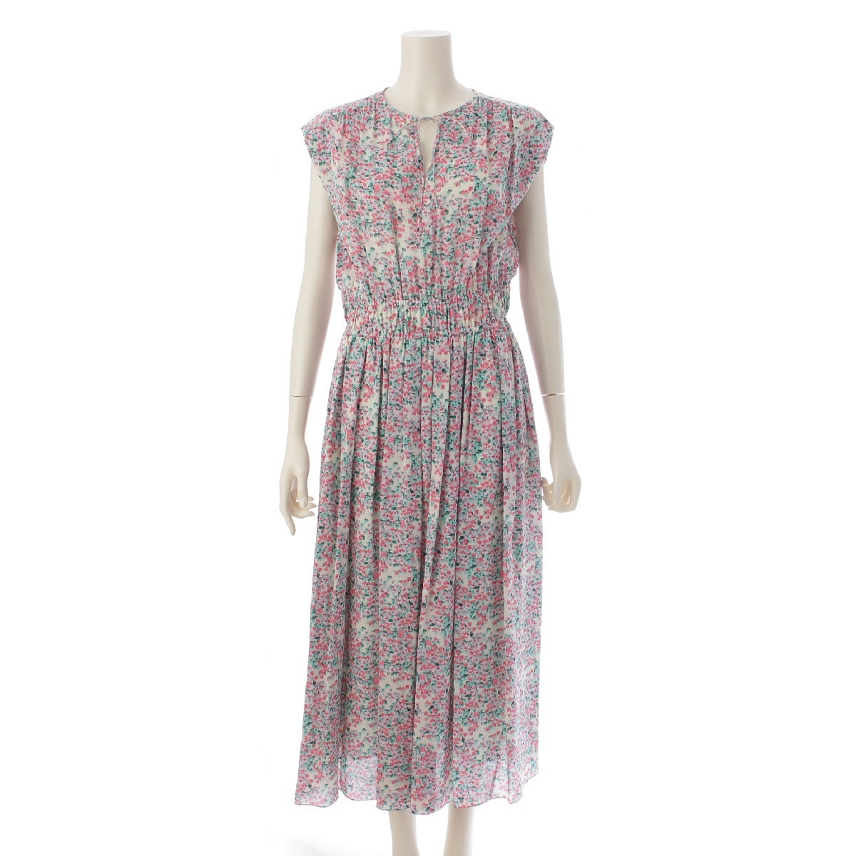 Drawer silk Flower Print Waist Gathered Sleeveless one piece dress 6526-299-1287 multicolor 36