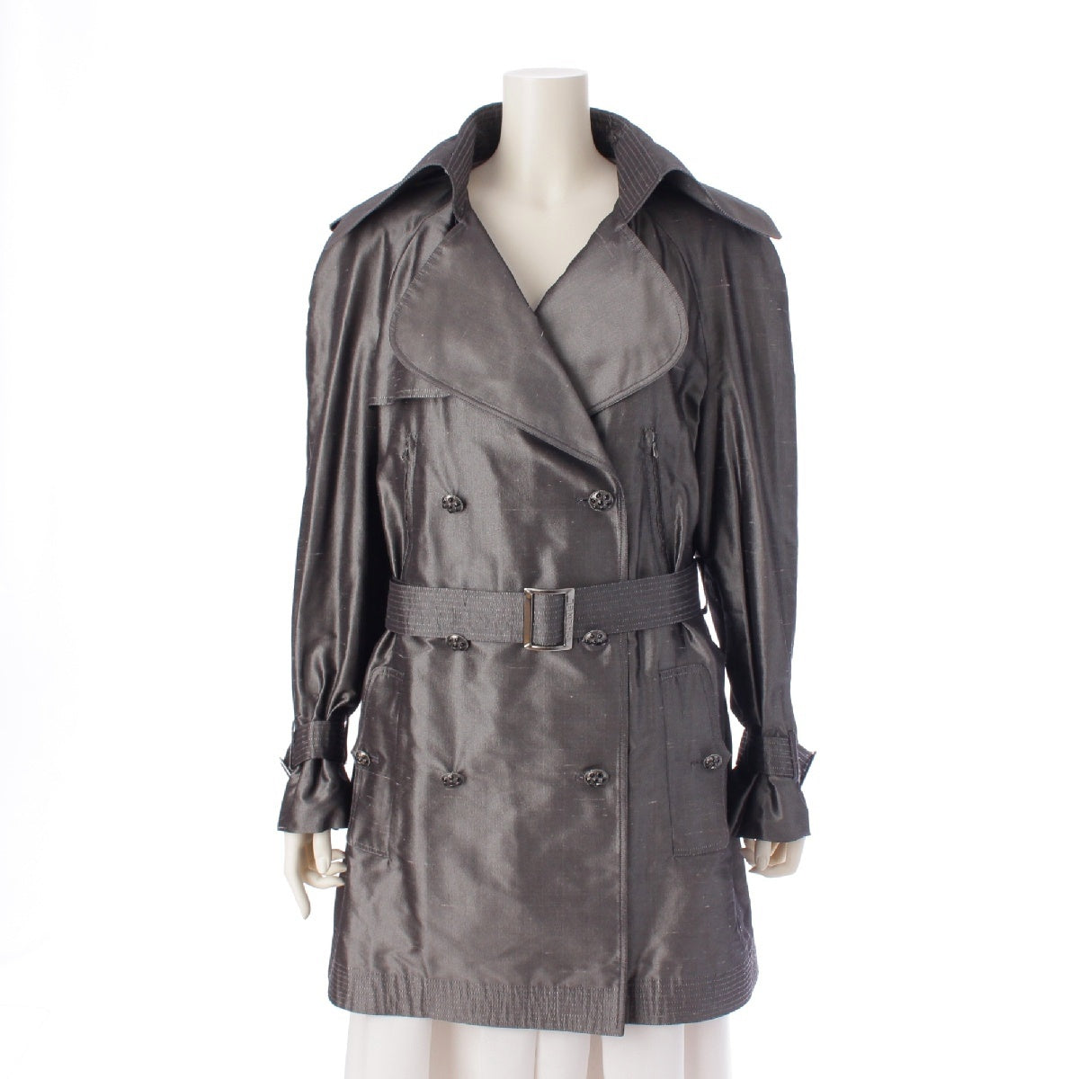 CHANEL 08A silk Gripoa Button Double Face Belt trench coat outer P33859 Gray Silver 44