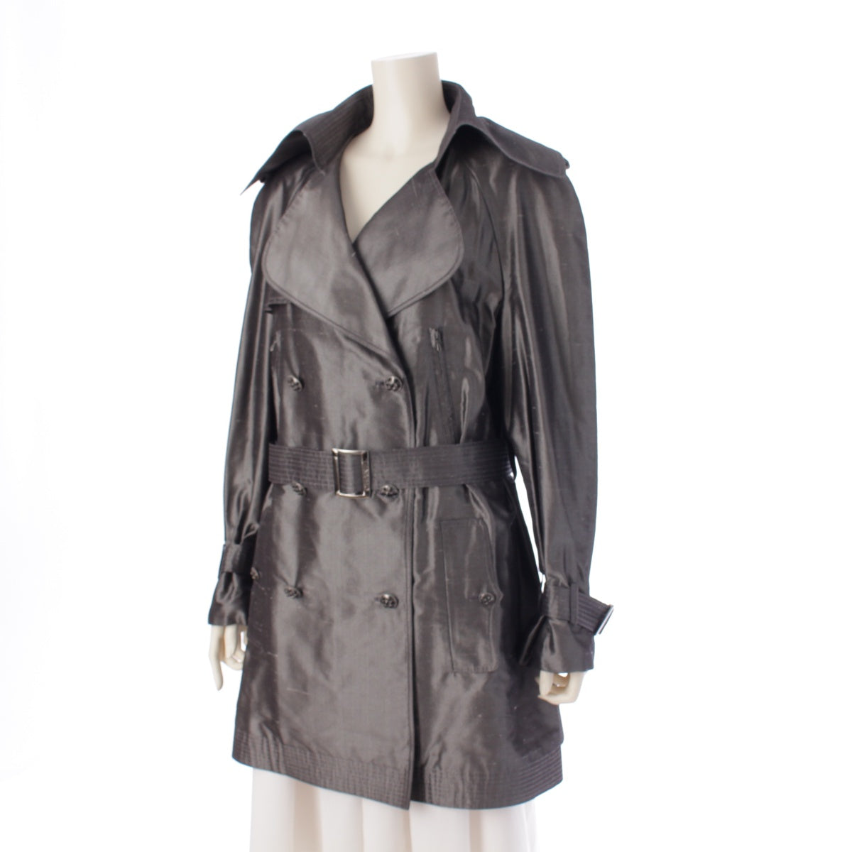 CHANEL 08A silk Gripoa Button Double Face Belt trench coat outer P33859 Gray Silver 44
