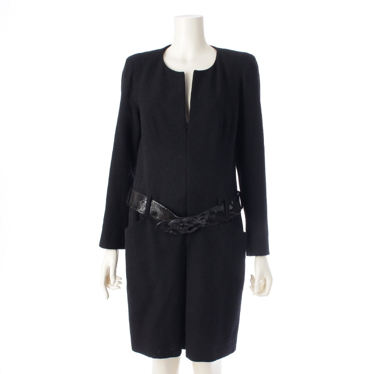 CHANEL wool COCO Mark Belt Long Sleeve one piece dress P36803 black 38