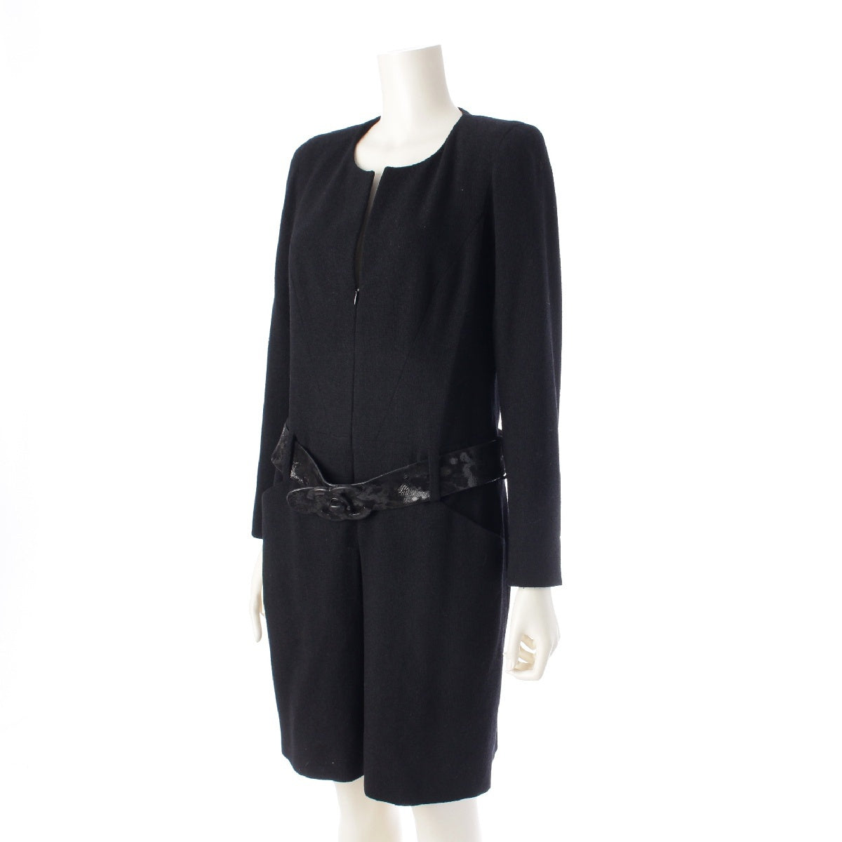 CHANEL wool COCO Mark Belt Long Sleeve one piece dress P36803 black 38