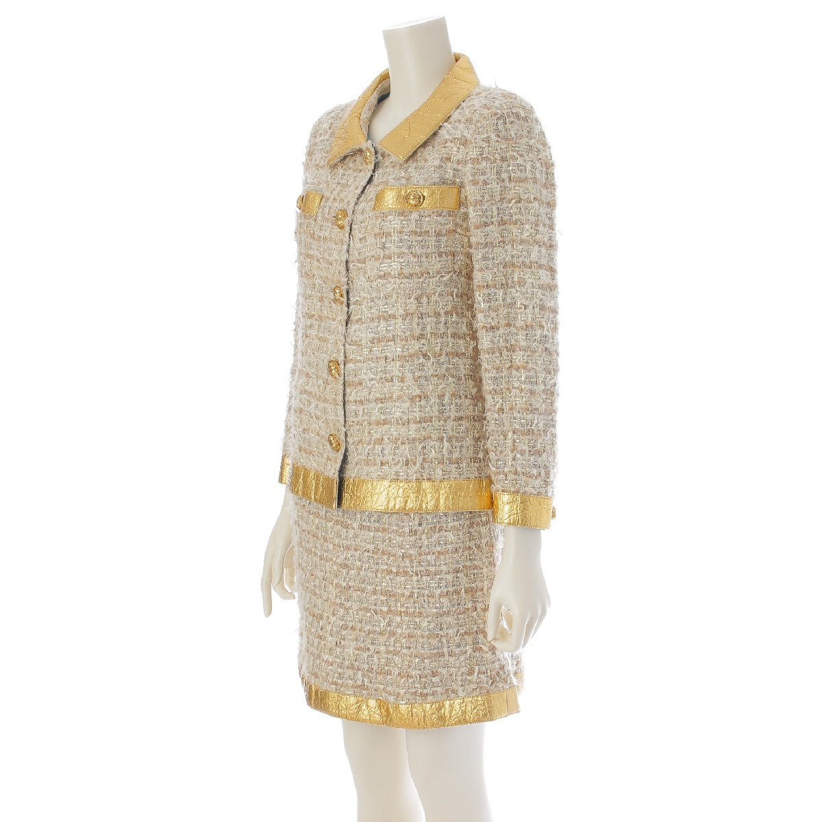 CHANEL 19A Silk Wool Cotton Tweed scarab button jacket Skirt setup P61852/P61853 Gold beige 36