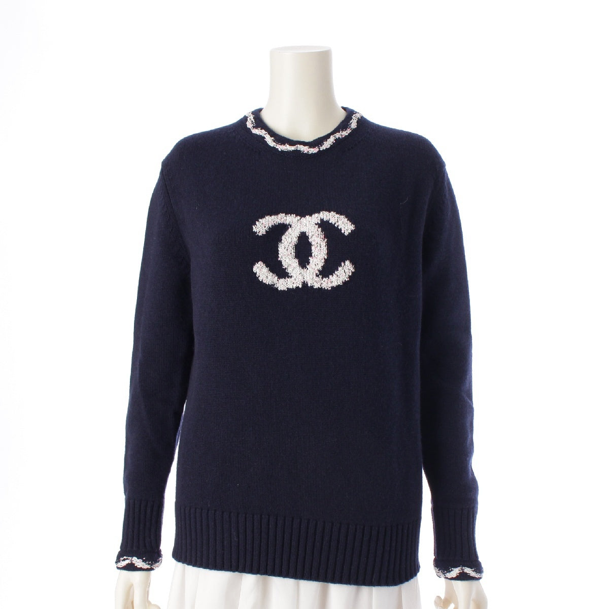 CHANEL 21P cashmere COCO Mark Pullover knit Sweater tops P70495 Navy 36