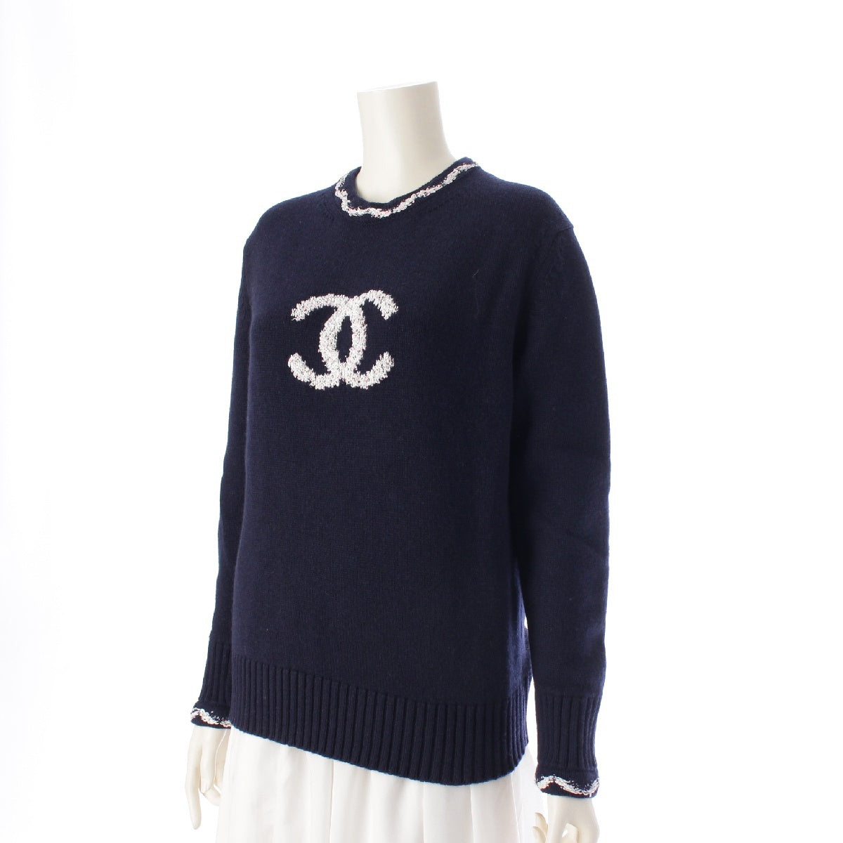CHANEL 21P cashmere COCO Mark Pullover knit Sweater tops P70495 Navy 36