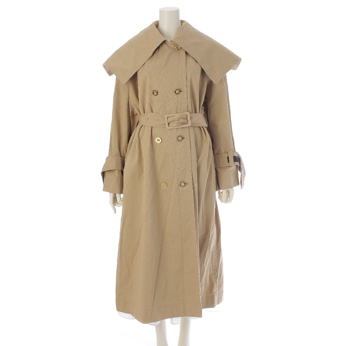 Patou Organic cotton gabardine Gold button big collar oversized belt coat Trench Coat beige S