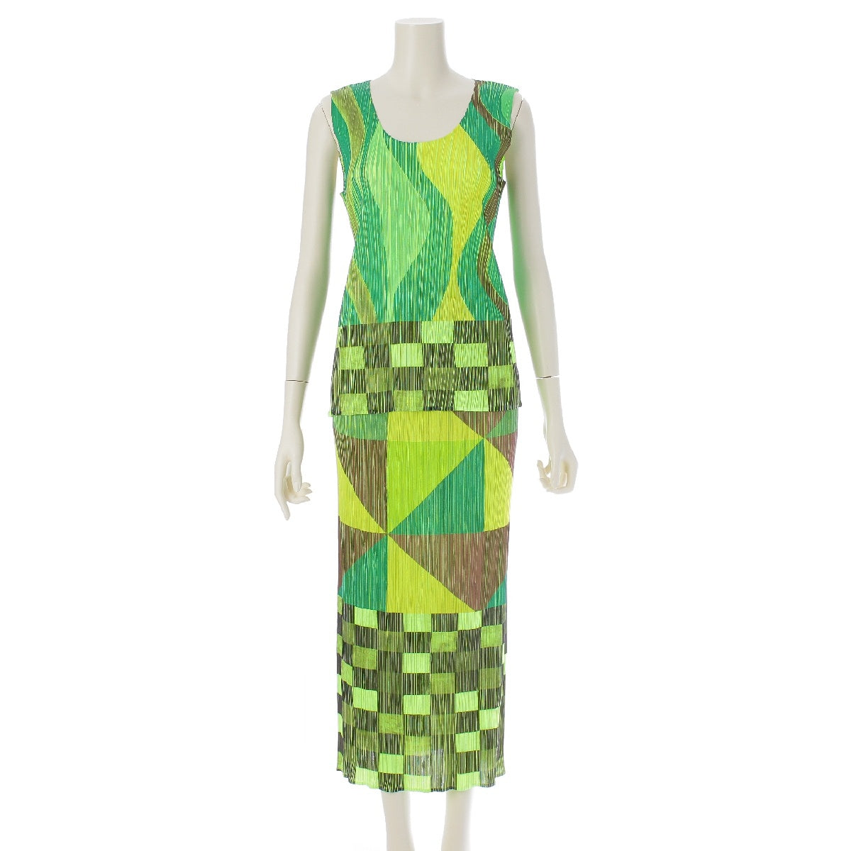 PLEATS PLEASE ISSEY  1997 Vintage Wave Check Pattern Tops Skirt setup Sleeveless Midi length PP78-JK700/PP78-JG713 green 3