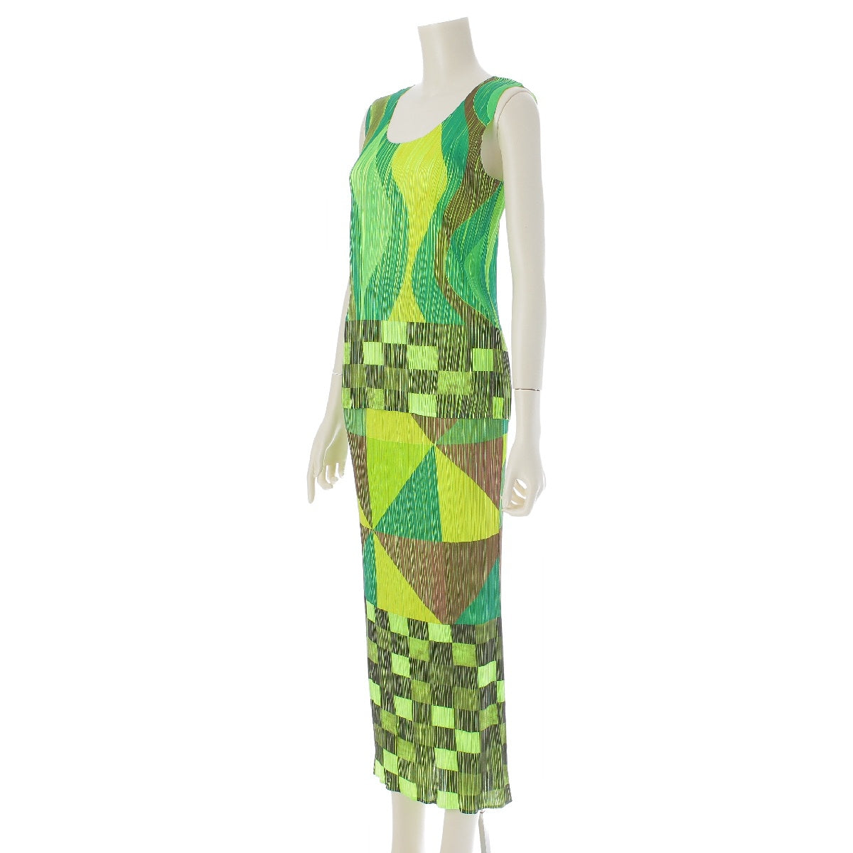 PLEATS PLEASE ISSEY  1997 Vintage Wave Check Pattern Tops Skirt setup Sleeveless Midi length PP78-JK700/PP78-JG713 green 3